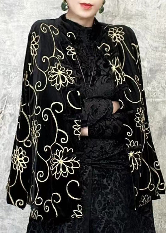 Chinese Style Black O Neck Floral Velour Short Coat Spring