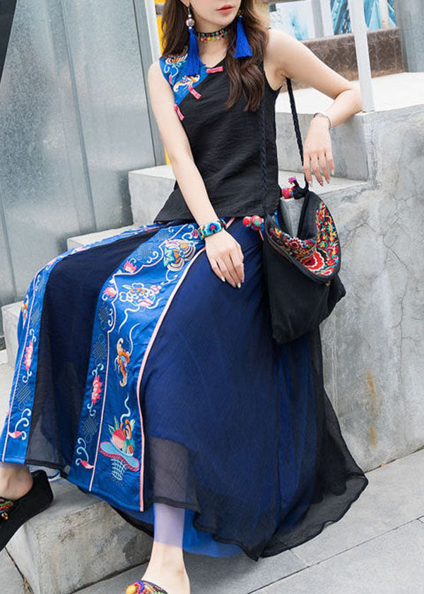 Chinese Style Black Patchwork Embroideried Chiffon Skirts Spring