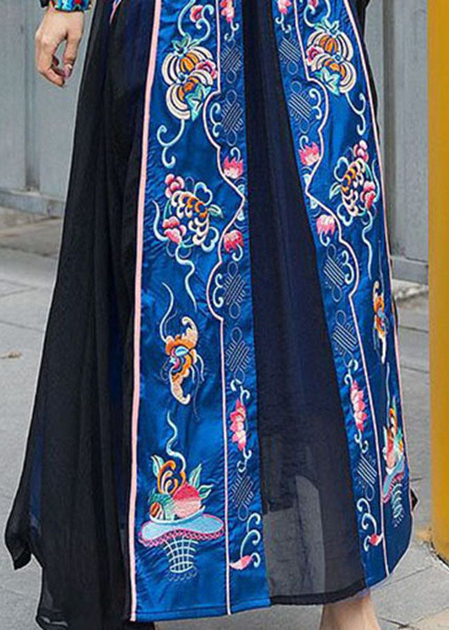 Chinese Style Black Patchwork Embroideried Chiffon Skirts Spring