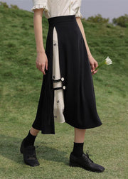 Chinese Style Black Patchwork Side Open Chiffon Skirt Summer