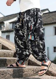 Chinese Style Black Print Ice Silk Loose Men's Lantern Pants Summer