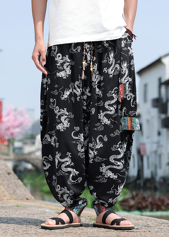 Chinese Style Black Print Ice Silk Loose Men&