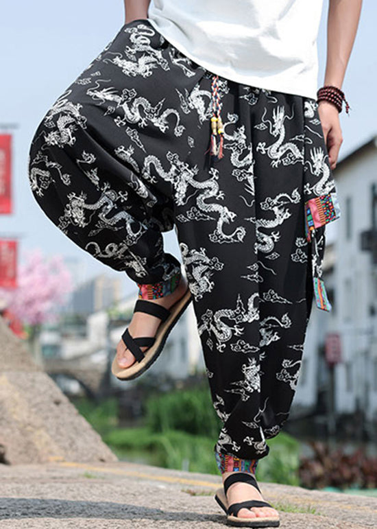 Chinese Style Black Print Ice Silk Loose Men&