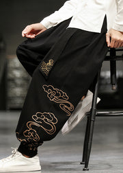 Chinese Style Black Print Lace Up Cotton Beam Pants Men Fall