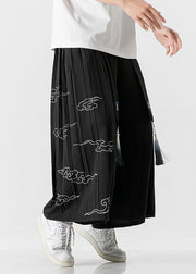 Chinese Style Black Ribbon Print Wrinkled Linen Wide Leg Pants Summer