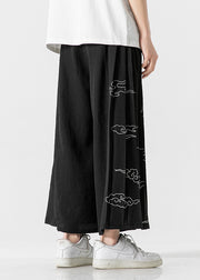 Chinese Style Black Ribbon Print Wrinkled Linen Wide Leg Pants Summer