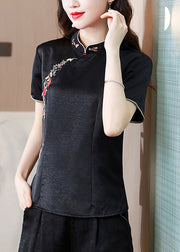 Chinese Style Black Stand Collar Embroidered Silk Top Summer