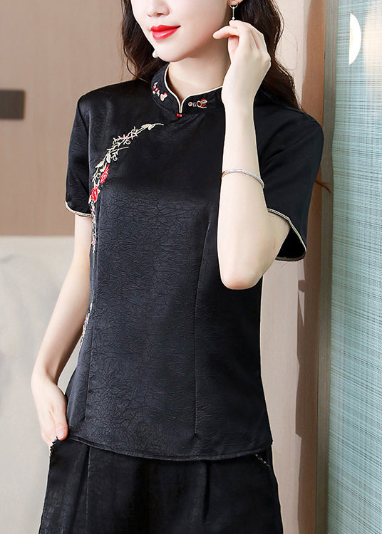 Chinese Style Black Stand Collar Embroidered Silk Top Summer