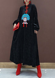 Chinese Style Black Stand Collar Embroidered Silk Velour Maxi Dresses Long Sleeve