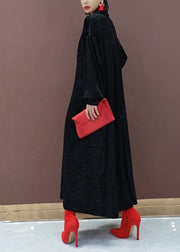 Chinese Style Black Stand Collar Embroidered Silk Velour Maxi Dresses Long Sleeve