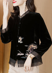 Chinese Style Black Stand Collar Embroideried Velour Top Spring