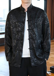 Chinese Style Black Stand Collar Print Button Silk Men Coats Long Sleeve