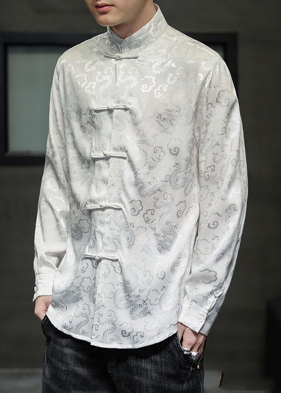 Chinese Style Black Stand Collar Print Button Silk Men Coats Long Sleeve