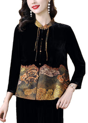 Chinese Style Black Stand Collar Print Patchwork Silk Velour Jackets Spring