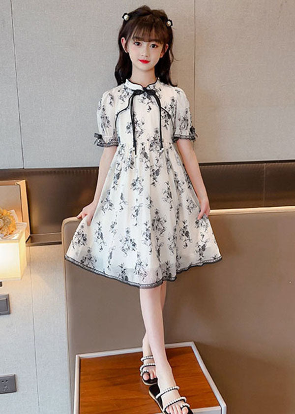 Chinese Style Black Tasseled Print Patchwork Chiffon Baby Girls Dress Summer