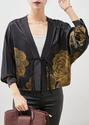 Chinese Style Black Tasseled Print Silk Cardigan Spring