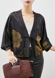 Chinese Style Black Tasseled Print Silk Cardigan Spring