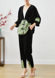 Chinese Style Black Thick Patchwork Warm Silk Velour Two Piece Suit Set Fall