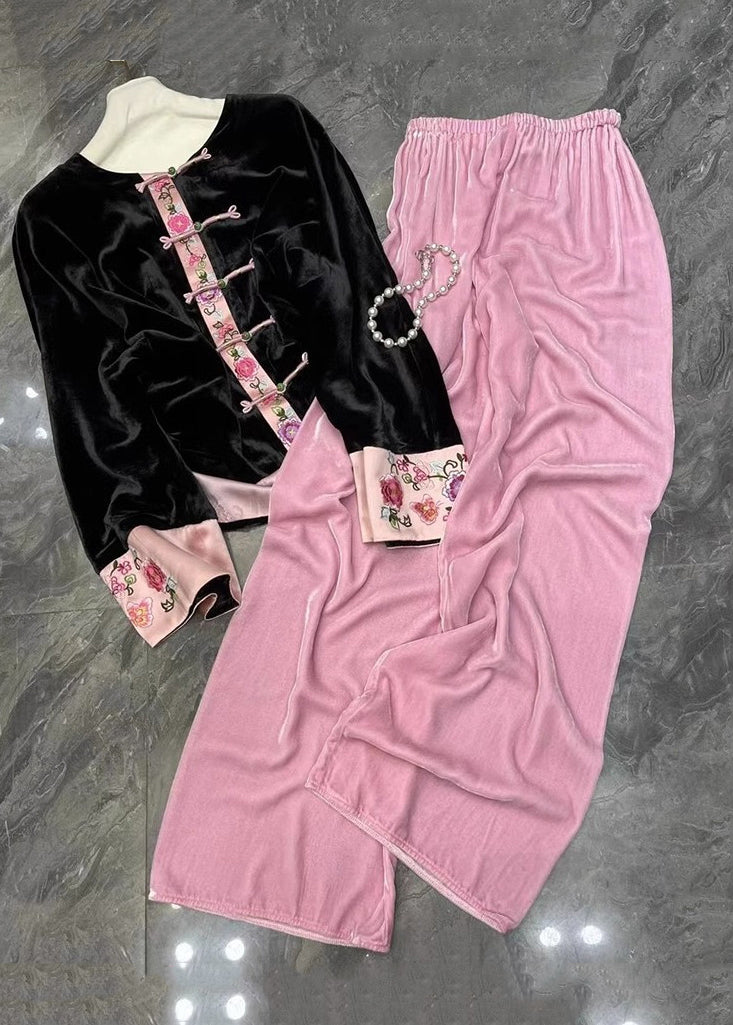 Chinese Style Black Tops And Pink Pants Silk Velour Two Pieces Set Fall