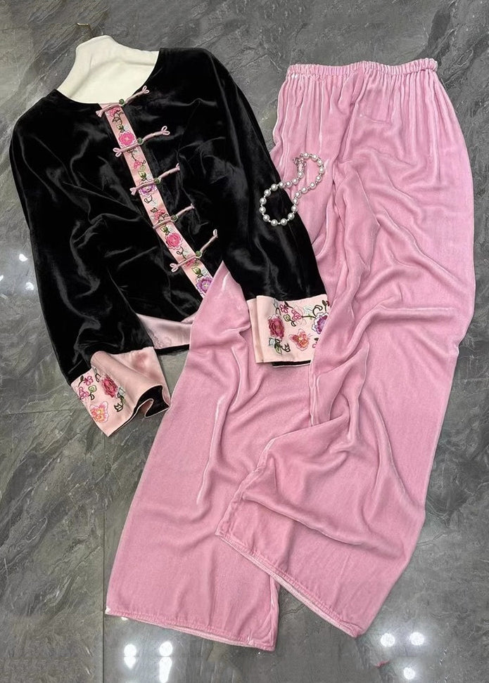 Chinese Style Black Tops And Pink Pants Silk Velour Two Pieces Set Fall