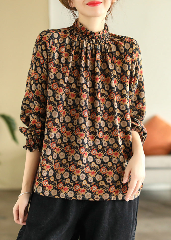 Chinese Style Black Turtleneck Print Shirts Long Sleeve