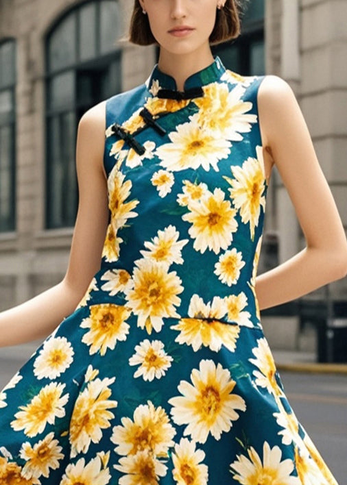 Chinese Style Blackish Green Chrysanthemum Print Silm Fit Dress Summer