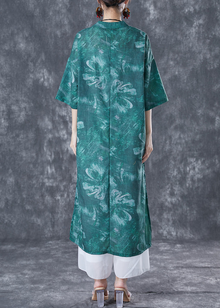 Chinese Style Blackish Green Oversized Print Linen Long Dress Summer