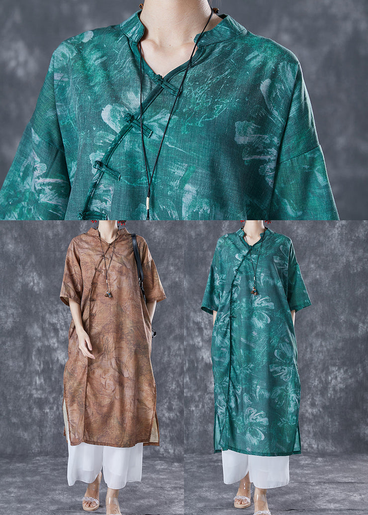 Chinese Style Blackish Green Oversized Print Linen Long Dress Summer