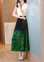 Chinese Style Blackish Green Wrinkled Print Silk Skirts Spring