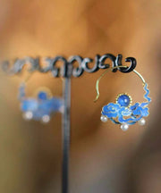 Chinese Style Blue Alloy Gem Stone Pearl Auspicious Clouds Hoop Earrings