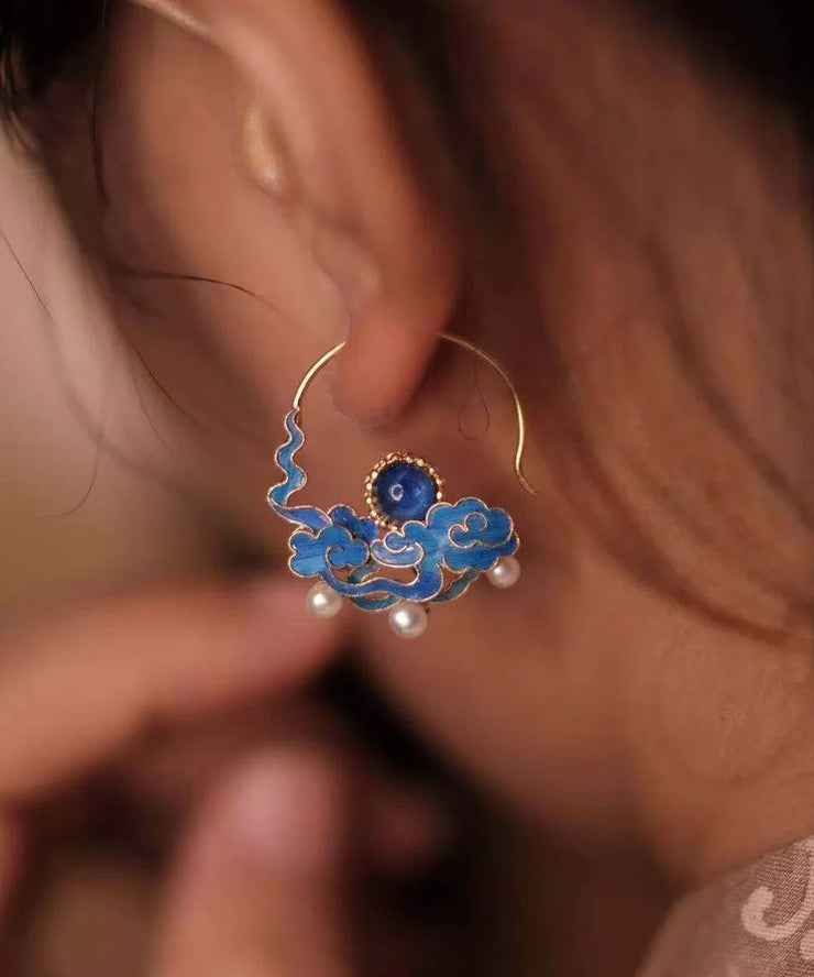 Chinese Style Blue Alloy Gem Stone Pearl Auspicious Clouds Hoop Earrings