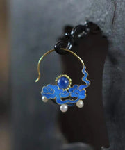 Chinese Style Blue Alloy Gem Stone Pearl Auspicious Clouds Hoop Earrings