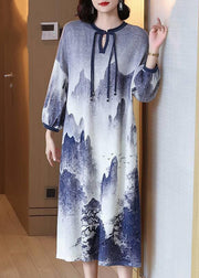 Chinese Style Blue Button Tie Dye Wool Long Dresses Spring