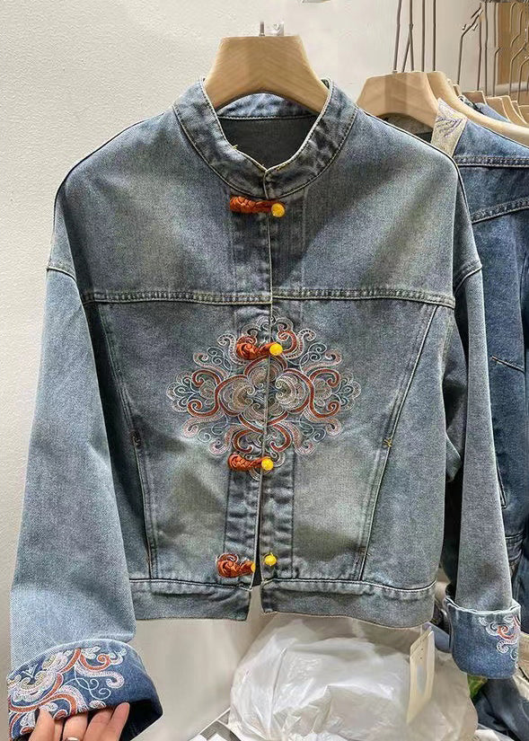 Chinese Style Blue Embroidered Button Denim Coat Spring