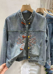 Chinese Style Blue Embroidered Button Denim Coat Spring