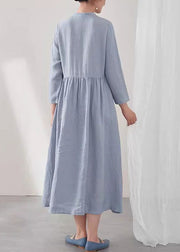 Chinese Style Blue Embroidered Pockets Patchwork Linen Dress Summer