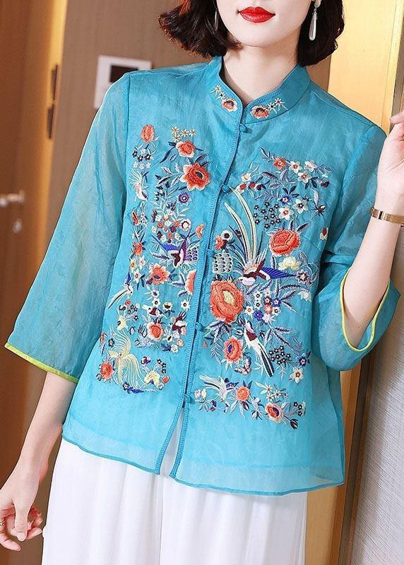 Chinese Style Blue Embroideried Patchwork Chiffon Blouse Tops Summer