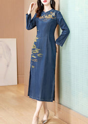 Chinese Style Blue Embroidered Patchwork Denim Long Dress Fall