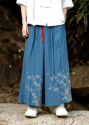 Chinese Style Blue Embroideried Pockets Cotton Mens Wide Leg Pants Summer