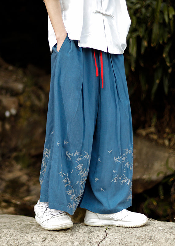 Chinese Style Blue Embroideried Pockets Cotton Mens Wide Leg Pants Summer