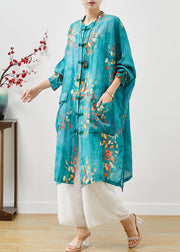 Chinese Style Blue Oversized Side Open Linen Long Shirt Summer