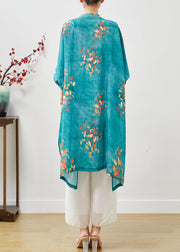 Chinese Style Blue Oversized Side Open Linen Long Shirt Summer