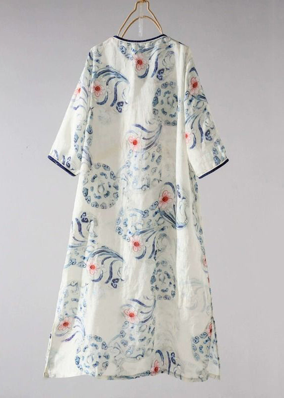 Chinese Style Blue Print Button Side Open Cotton Skirts Summer