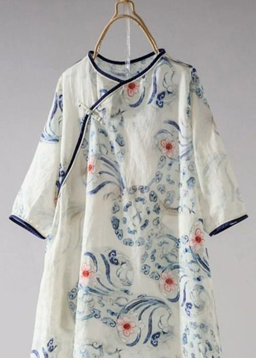 Chinese Style Blue Print Button Side Open Cotton Skirts Summer