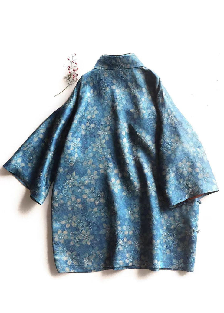 Chinese Style Blue Print Button Silk Blouses Bracelet Sleeve