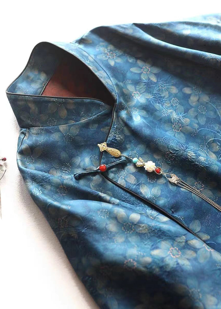 Chinese Style Blue Print Button Silk Blouses Bracelet Sleeve