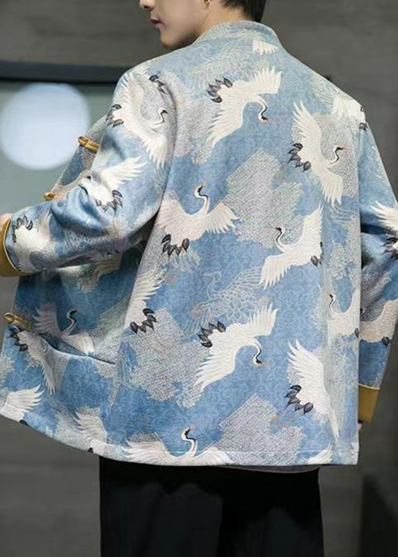 Chinese Style Blue Print Patchwork Pockets Men Jackets Spring