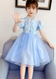 Chinese Style Blue Stand Collar Embroideried Patchwork Chiffon Kids Girls Dress Summer