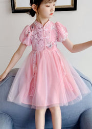 Chinese Style Blue Stand Collar Embroideried Patchwork Chiffon Kids Girls Dress Summer