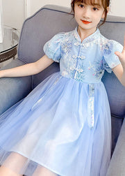 Chinese Style Blue Stand Collar Embroideried Patchwork Chiffon Kids Girls Dress Summer